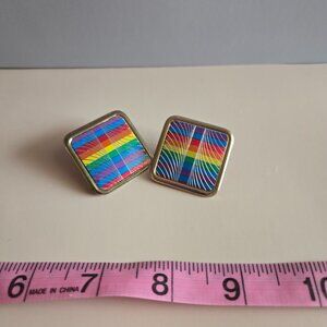 Vintage 1980s Rainbow Clip On Earrings Graphic‎ Square Statement Earrings